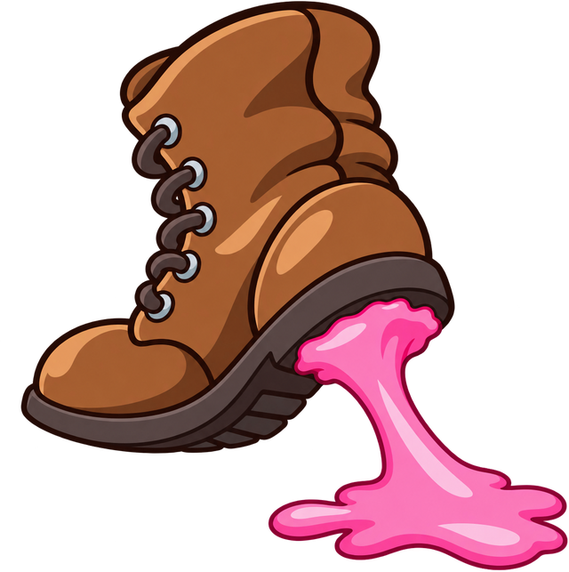 A cartoon brown boot stepping away from a stretchy wad of pink chewing gum.